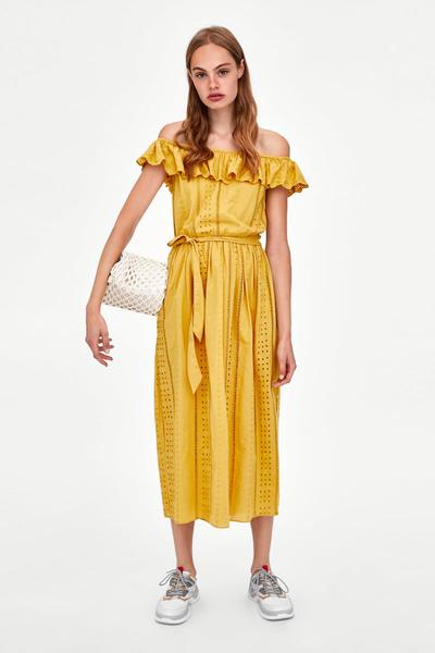 Zara Kleid Modepilot Gelb Lochstickerei schulterfrei