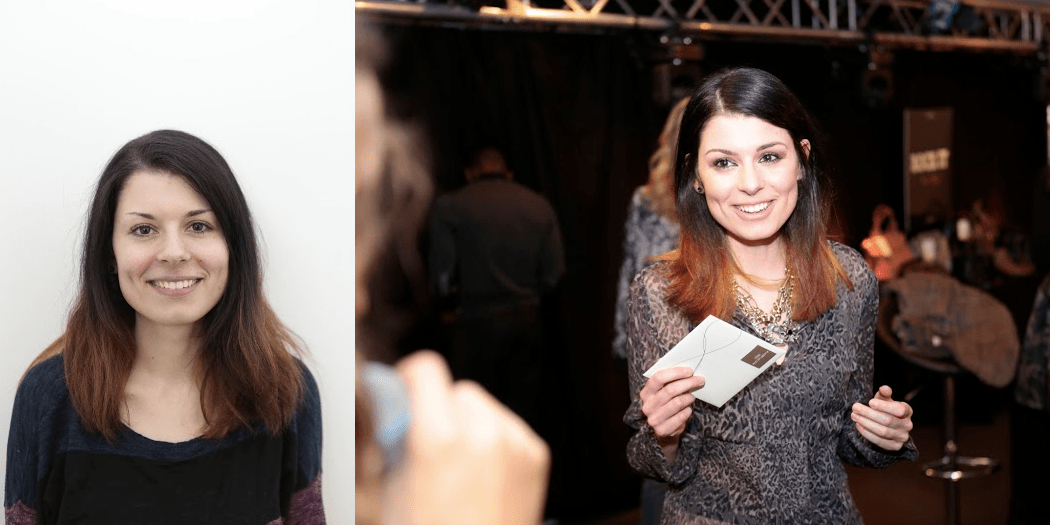 Modepilot-Gewinnerin Isabell vor und nach dem Umstyling – rechts mit ihrem 500 Euro-Shoppinggutschein von Konen