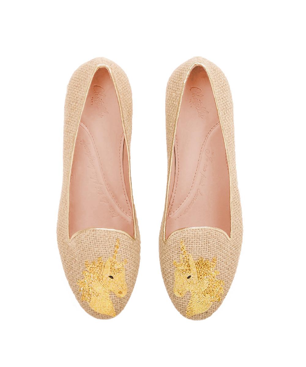 Chatelles x Elisabeth Thurn und Taxis Haute Couture Capsule Sand Raffia Slippers with a Hand-Embroidered Gold Thread Unicorn www.mychatelles.com 1