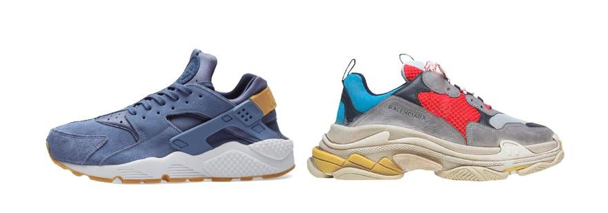 Nike Air Huarache (links), Balenciaga Triple S (rechts)